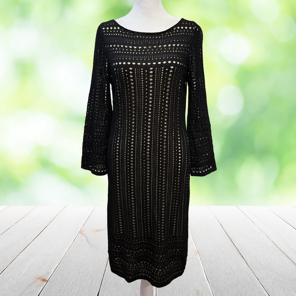 CALVIN KLEIN Dress Women Medium Black Crochet Overlay Stretch Lined Bell Sleeves